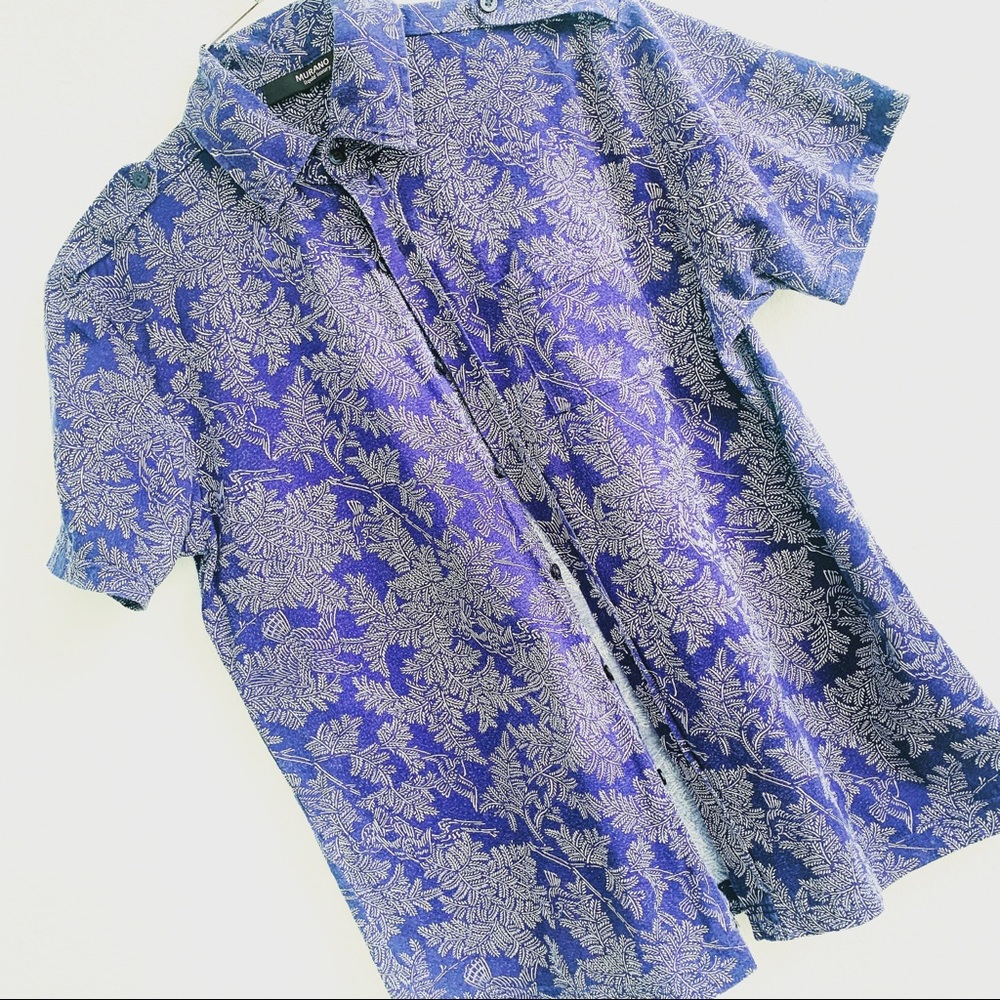 MURANO mens button up down short sleeve shirt bird leaf print navy Small